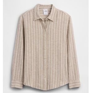☀️ NWOT GAP FACTORY Khaki Striped Linen-Blend Easy Button-Up Shirt